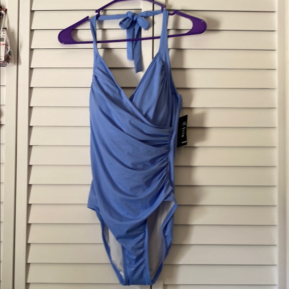 Periwinkle Blue Ruched One-Piece Halter Top Swimsuit by Carmen Marc Valvo